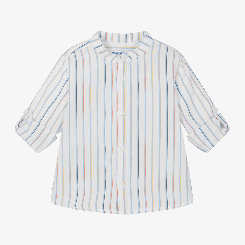 Mayoral-Boys White Striped Cotton & Linen Shirt | Childrensalon Outlet