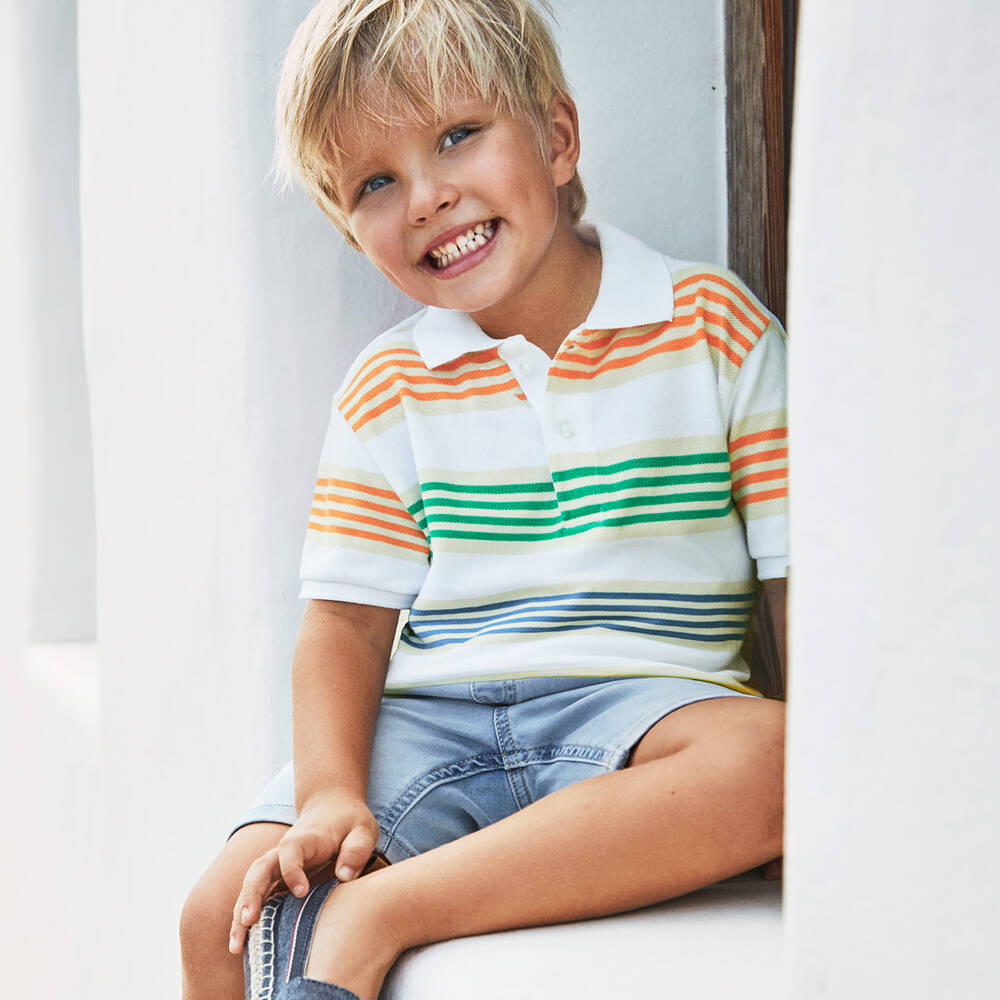 Mayoral-Boys White Striped Cotton Polo Shirt | Childrensalon Outlet
