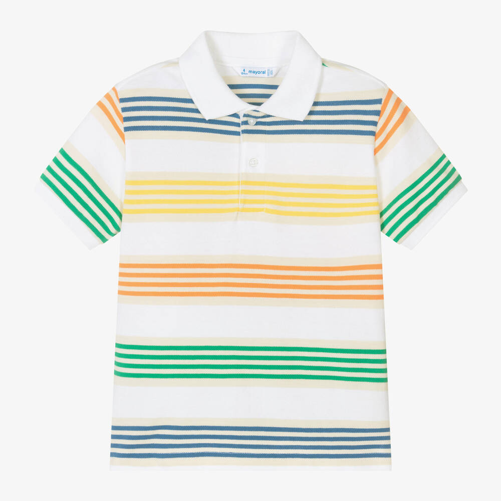 Mayoral-Boys White Striped Cotton Polo Shirt | Childrensalon Outlet