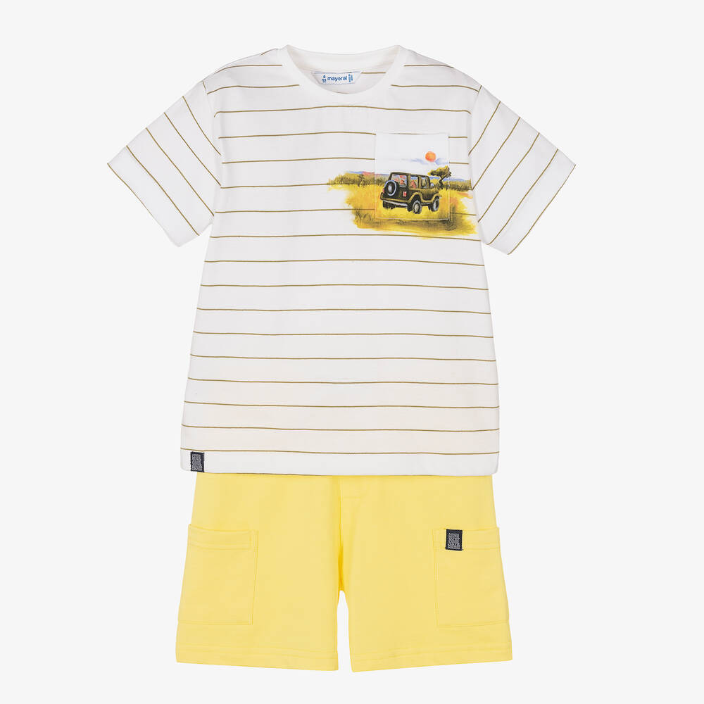Mayoral-Белая футболка и желтые шорты из хлопка | Childrensalon Outlet