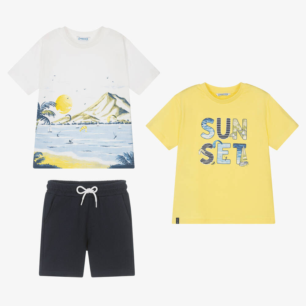 Mayoral - Boys White & Yellow Cotton Shorts Set | Childrensalon