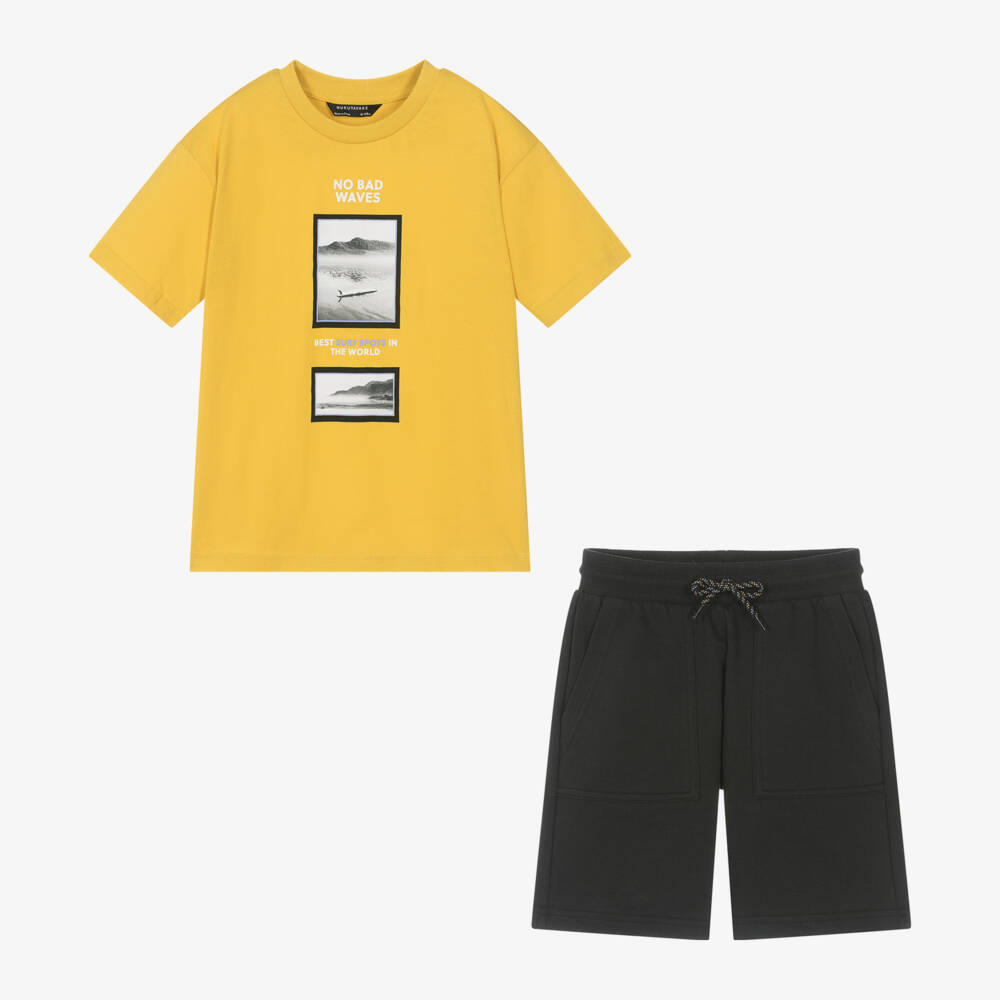 Mayoral Nukutavake-Boys Yellow & Black Cotton Shorts Set | Childrensalon Outlet