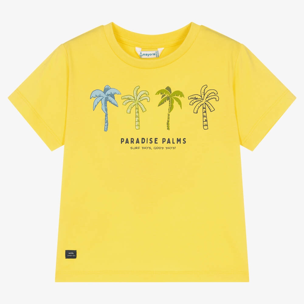 Mayoral - Желтая хлопковая футболка с пальмами | Childrensalon