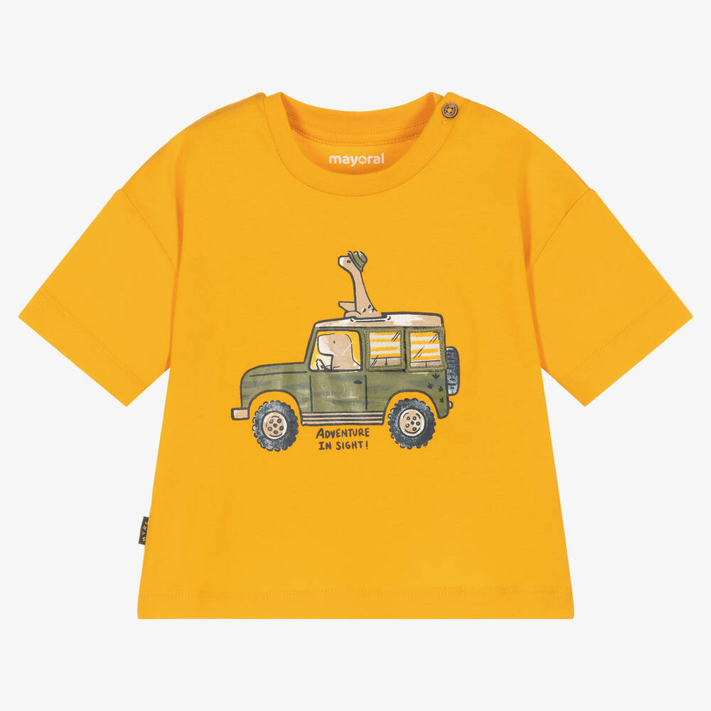 Mayoral - Желтая хлопковая футболка с зеленым рисунком | Childrensalon