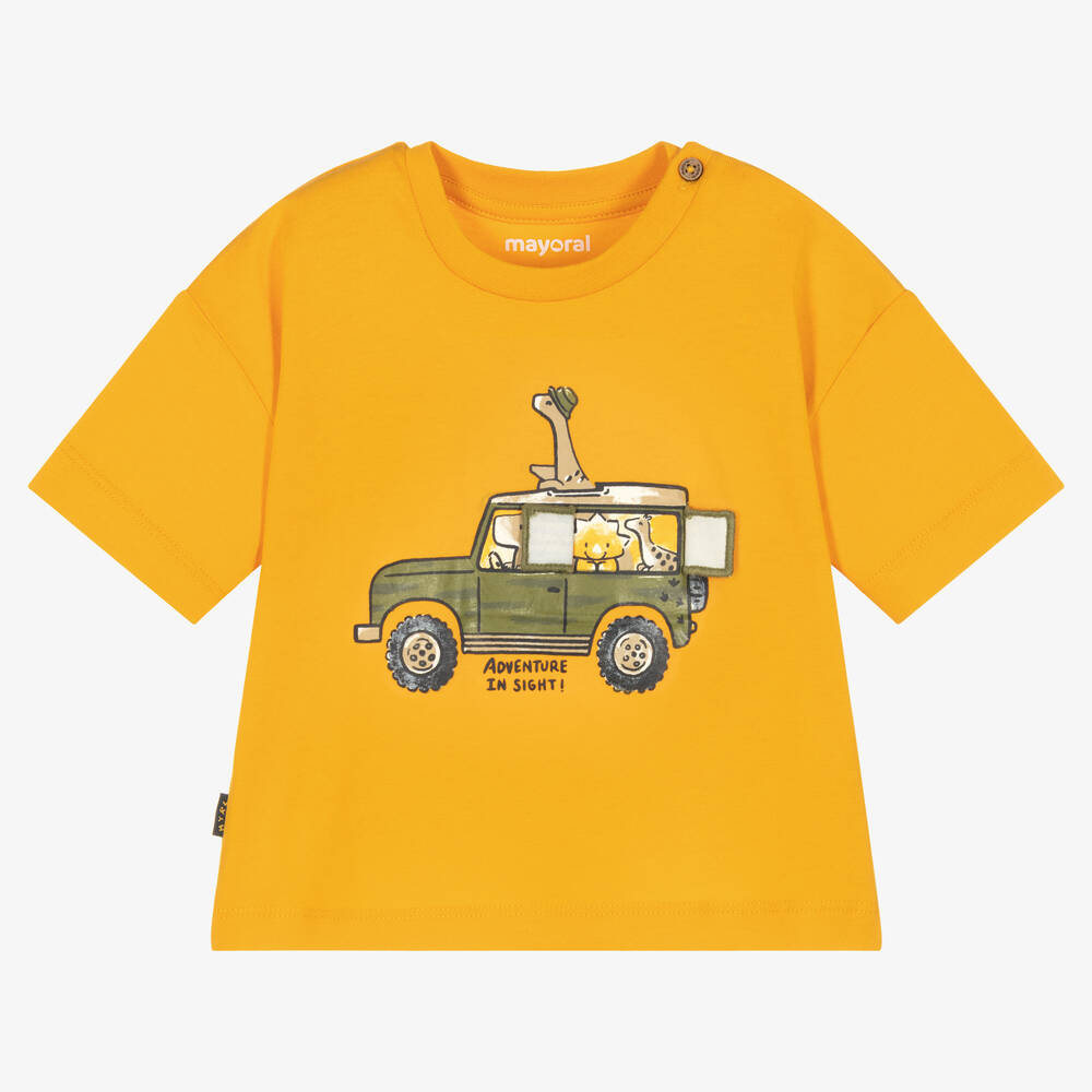 Mayoral-Желтая хлопковая футболка с зеленым рисунком | Childrensalon Outlet