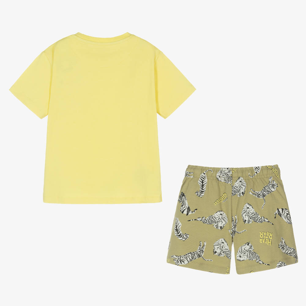 Mayoral-Желто-зеленая пижама из хлопка с большими кошками | Childrensalon Outlet