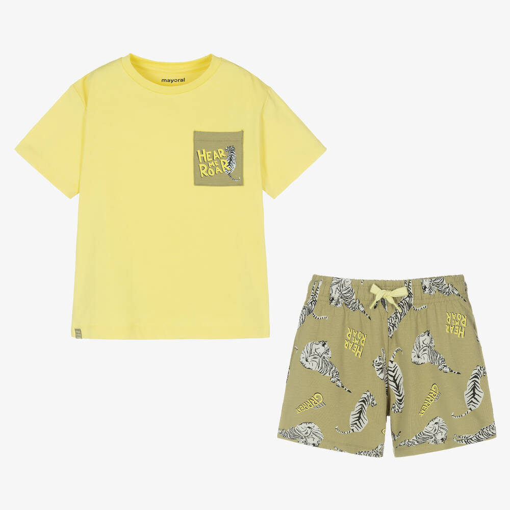 Mayoral-Желто-зеленая пижама из хлопка с большими кошками | Childrensalon Outlet