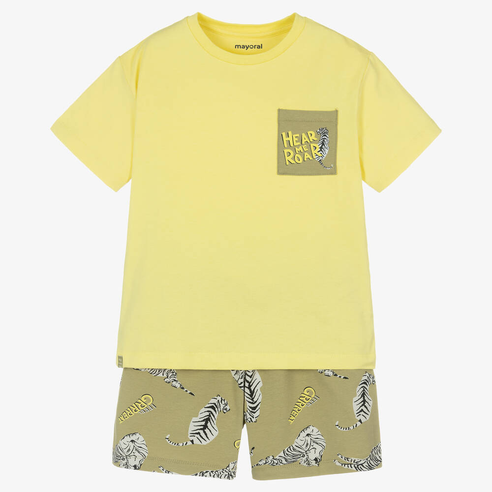 Mayoral - Boys Yellow & Green Cotton Big Cat Pyjamas | Childrensalon