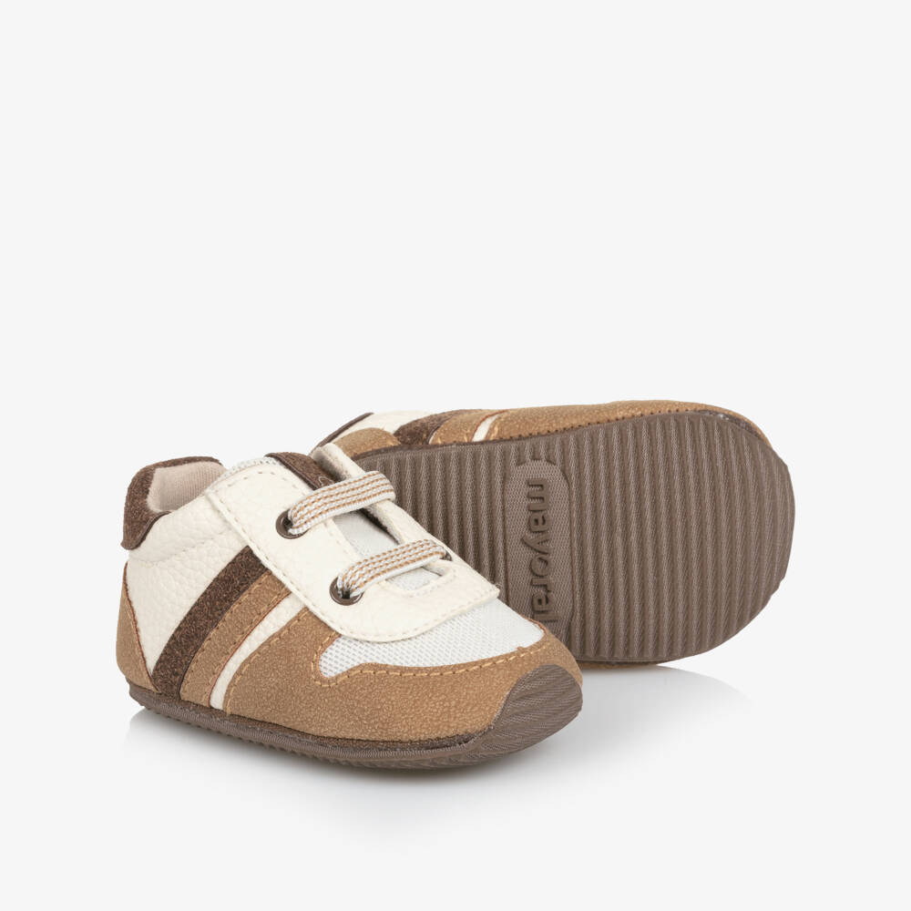 Mayoral Newborn-Brown & Ivory Faux Leather Pre-Walker Trainers | Childrensalon Outlet