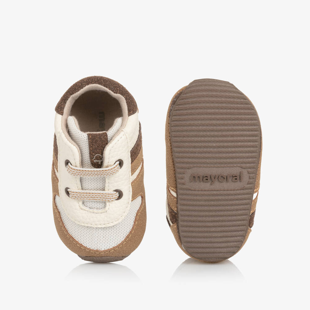 Mayoral Newborn-Brown & Ivory Faux Leather Pre-Walker Trainers | Childrensalon Outlet