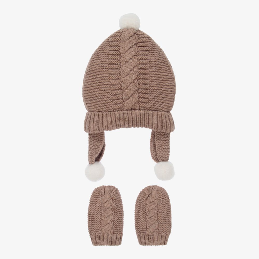 Mayoral Newborn - Ensemble bonnet et moufles marron en maille  | Childrensalon