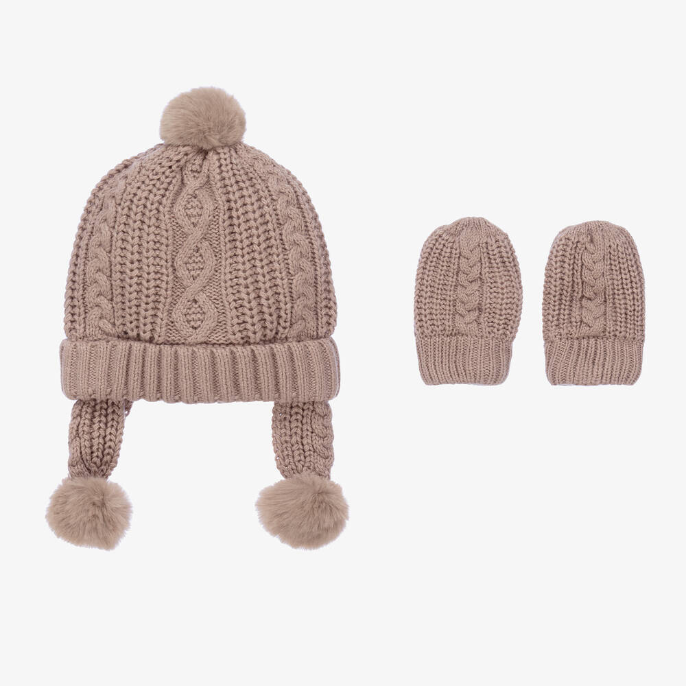 Mayoral - Brown Knitted Baby Hat & Mittens Set | Childrensalon