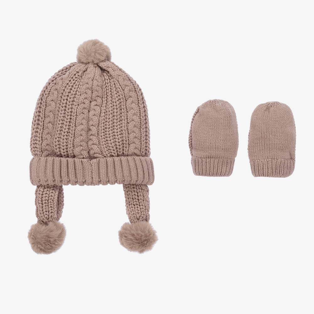 Mayoral-Brown Knitted Baby Hat & Mittens Set | Childrensalon Outlet