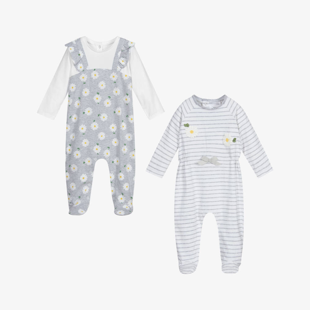 Mayoral Newborn-بيبي غرو قطن جيرسي لون رمادي وأبيض للمولودات (عدد 2) | Childrensalon Outlet
