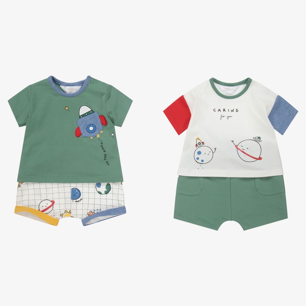 Mayoral Newborn-طقم شورت قطن جيرسي لون أخضر وعاجي للمواليد (عدد 2) | Childrensalon Outlet