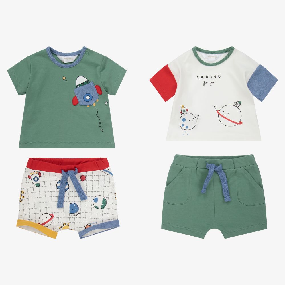 Mayoral Newborn-طقم شورت قطن جيرسي لون أخضر وعاجي للمواليد (عدد 2) | Childrensalon Outlet
