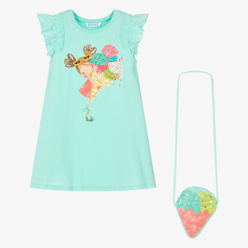 Mayoral-Girls Aqua Flutter Sleeve Dress Set | Childrensalon Outlet