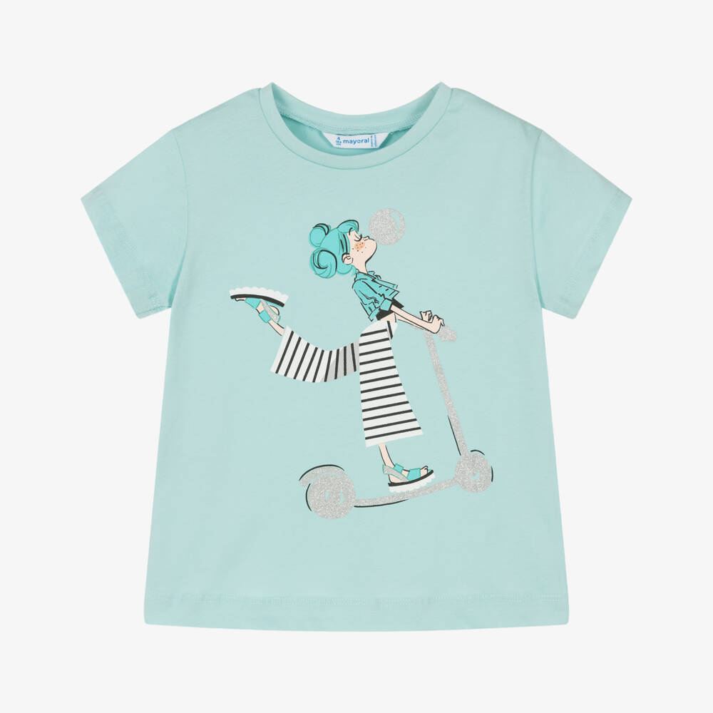 Mayoral-Girls Aqua Scooter Print Tee | Childrensalon Outlet