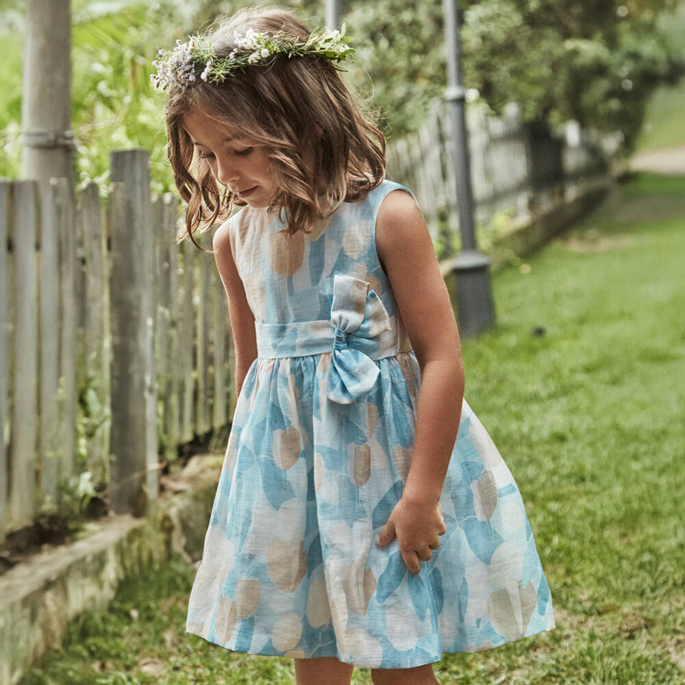 Mayoral-Girls Azure Floral Linen Frock | Childrensalon Outlet