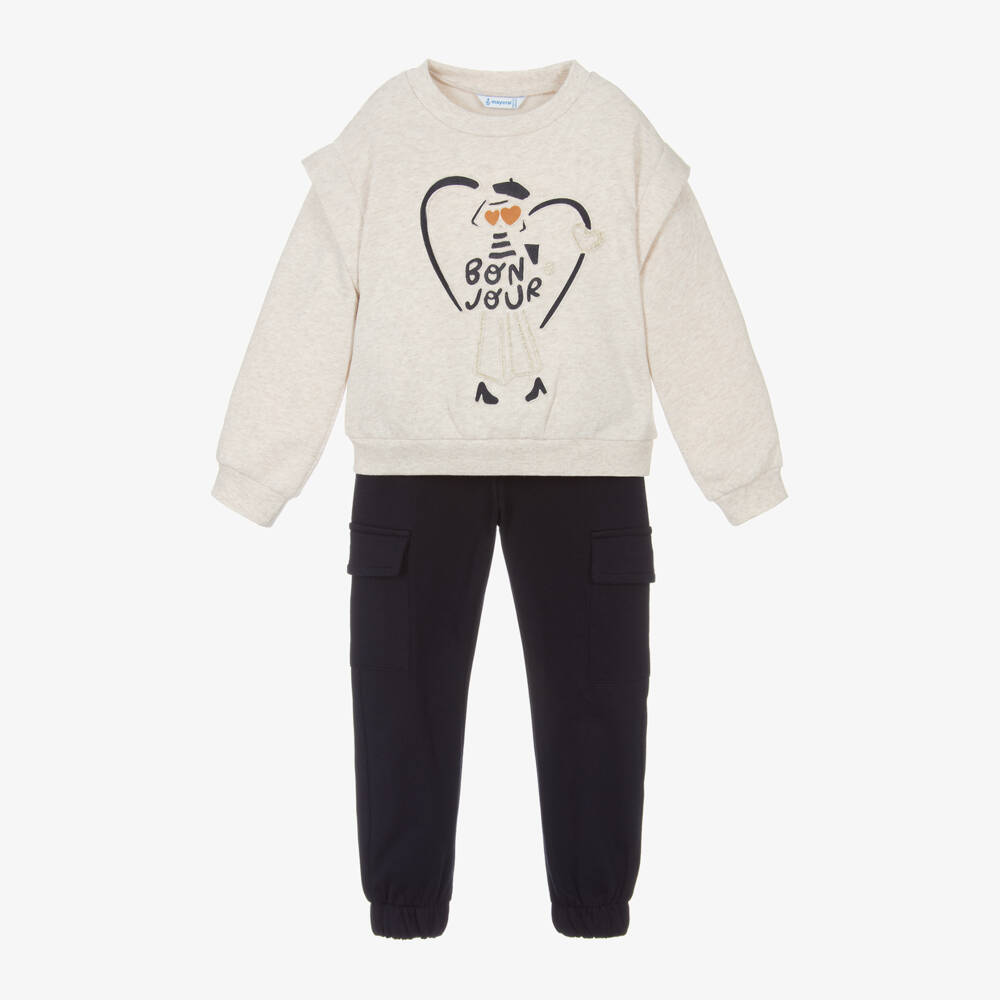 Mayoral-Girls Beige and Navy Tracksuit Set | Childrensalon Outlet