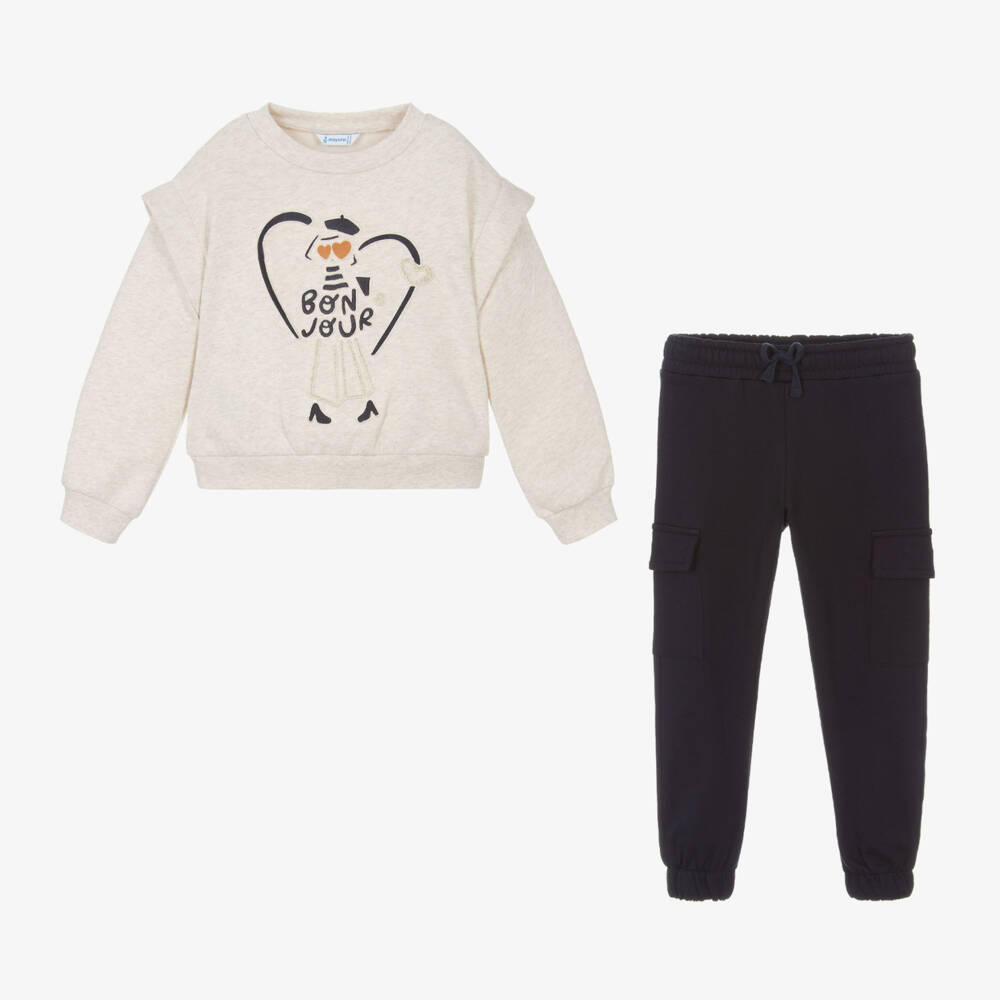 Mayoral-بدلة رياضية قطن لون كحلي وبيج للبنات | Childrensalon Outlet