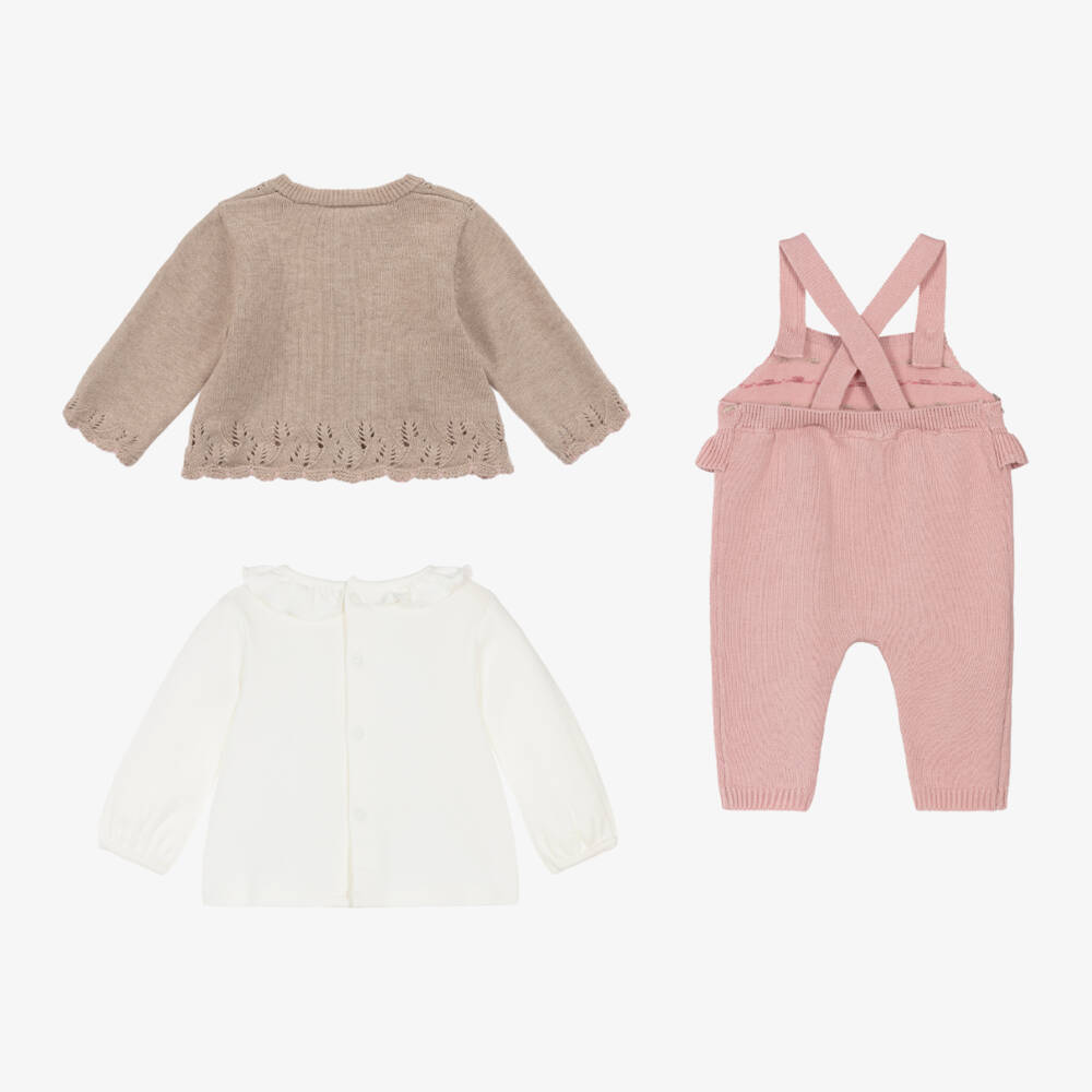 Mayoral Newborn-Girls Beige and Pink Knit Dungaree Set | Childrensalon Outlet