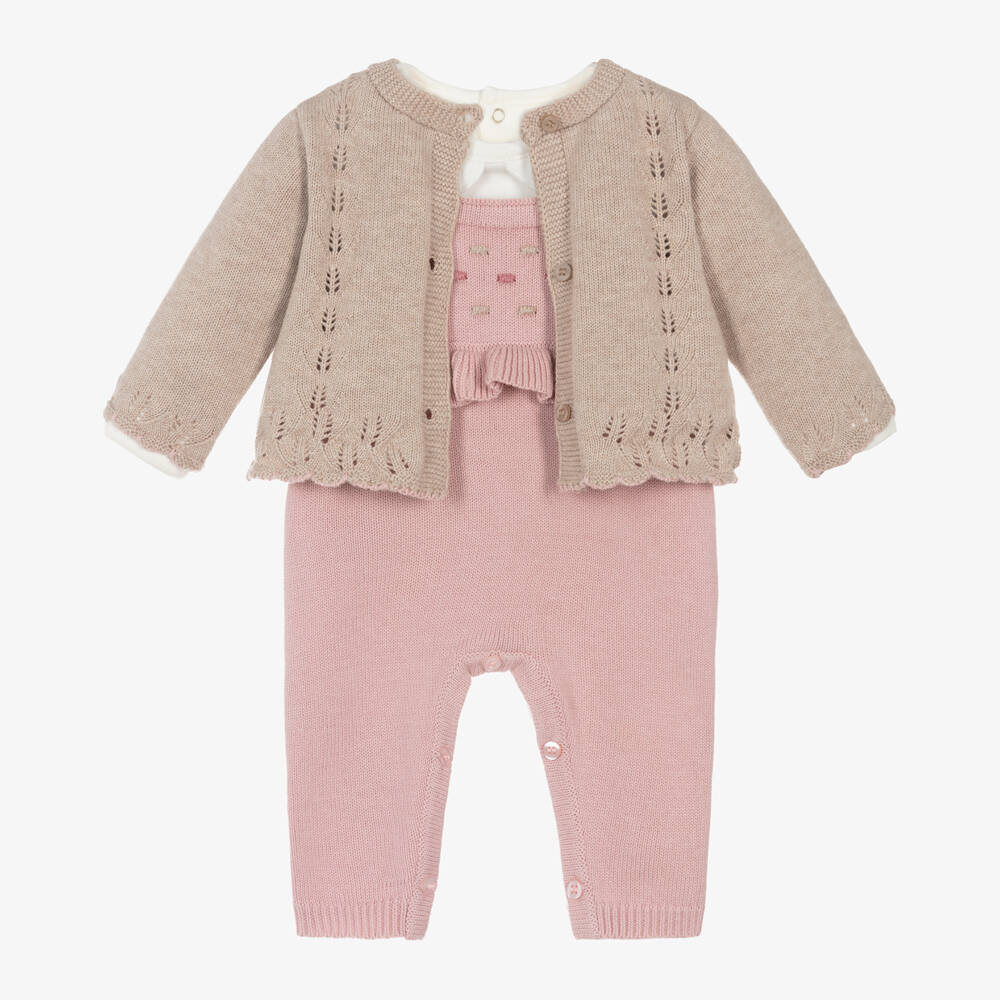Mayoral Newborn-Girls Beige and Pink Knit Dungaree Set | Childrensalon Outlet