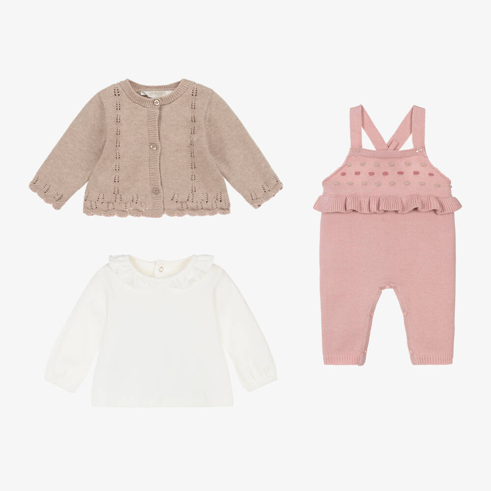Mayoral Newborn-Girls Beige and Pink Knit Dungaree Set | Childrensalon Outlet