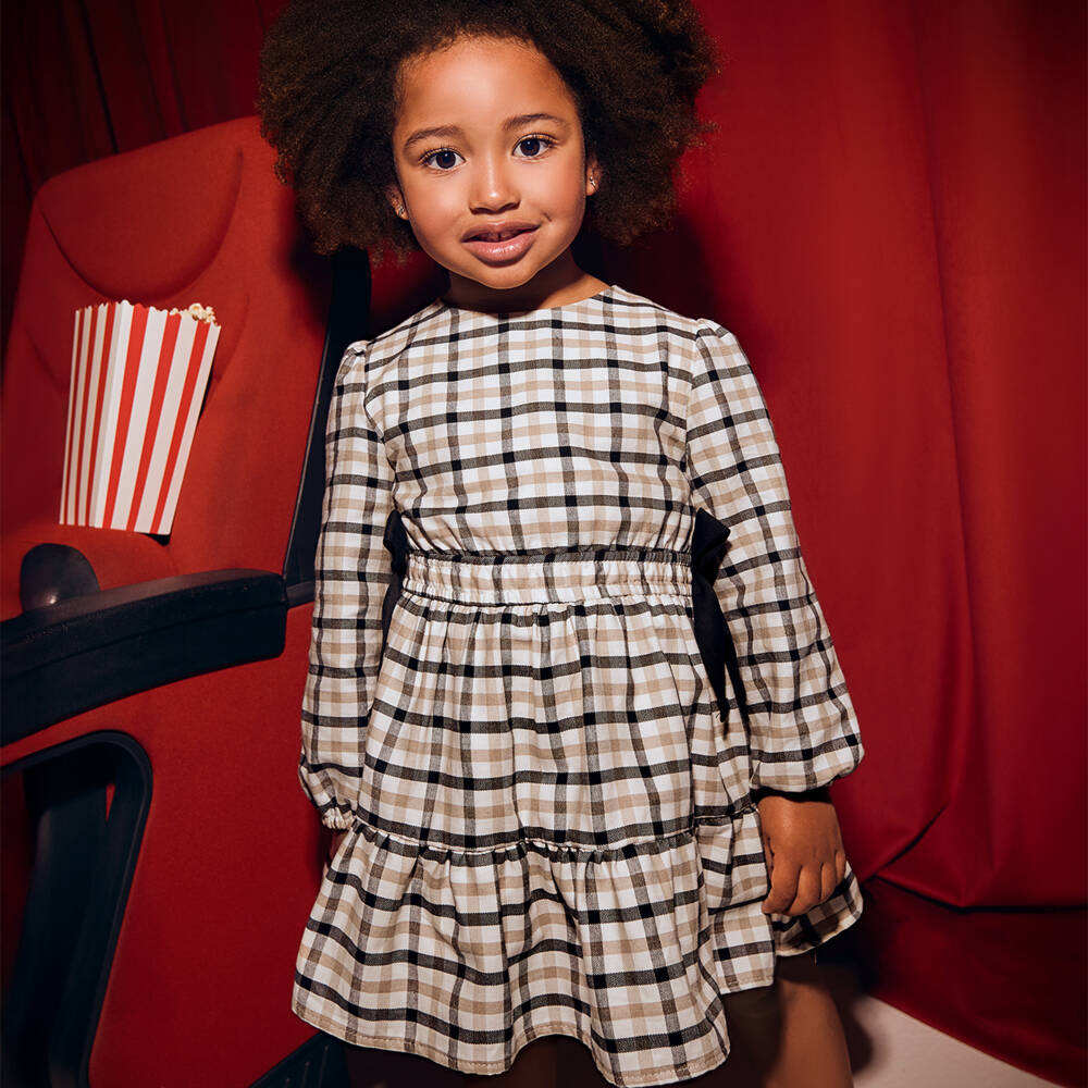 Mayoral-Girls Beige & Black Check Cotton Dress | Childrensalon Outlet