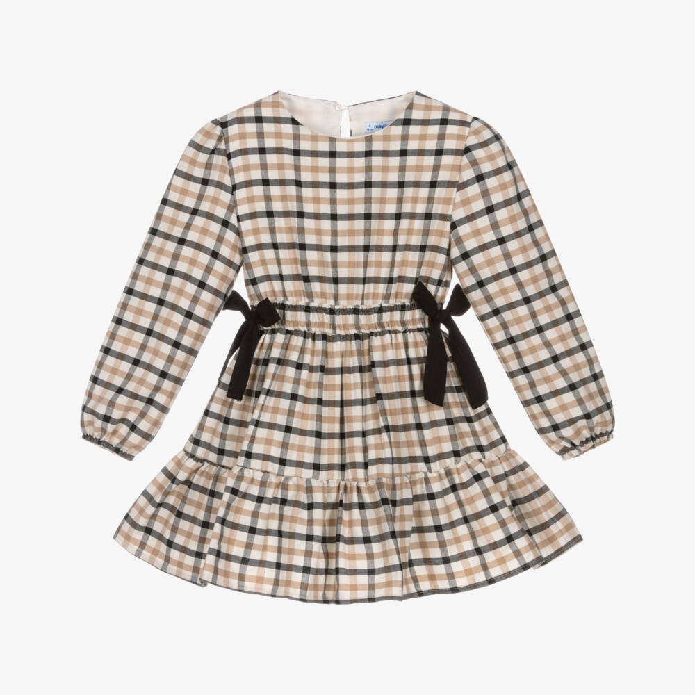 Mayoral-Girls Beige & Black Check Cotton Dress | Childrensalon Outlet