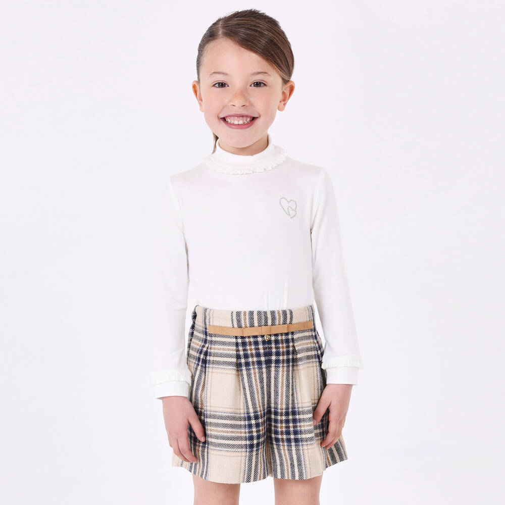 Mayoral-شورت مزيج قطن كاروهات لون أزرق وبيج للبنات | Childrensalon Outlet