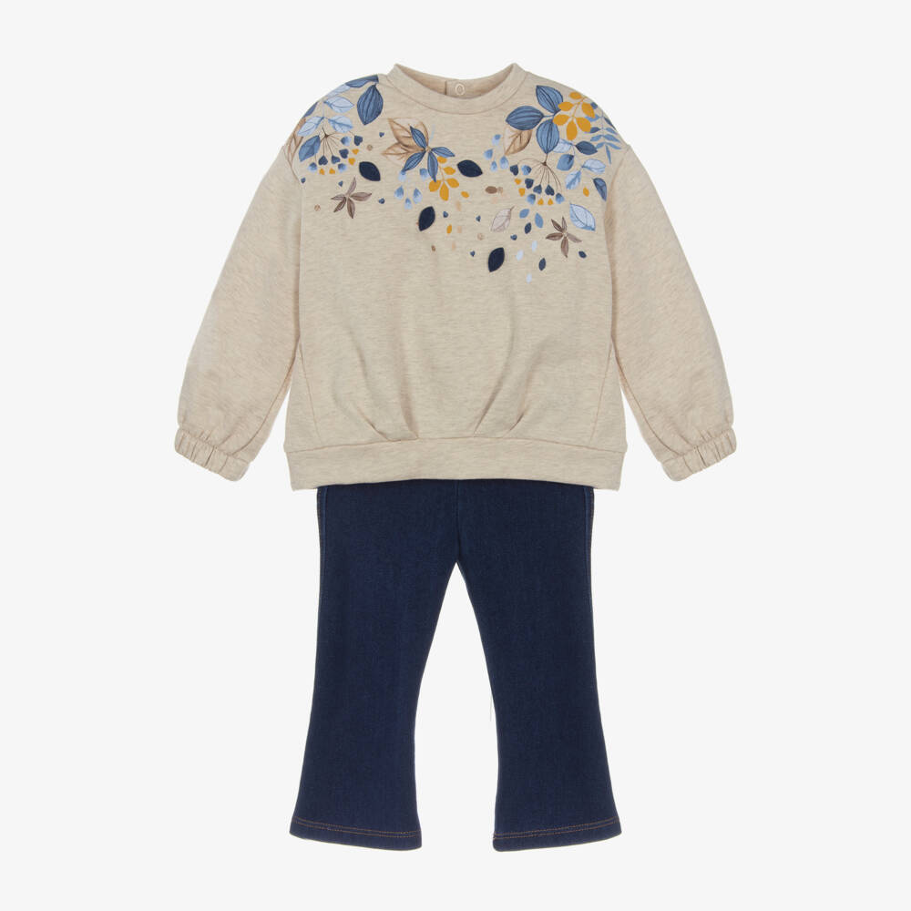 Mayoral-Girls Beige & Blue Floral Outfit | Childrensalon Outlet