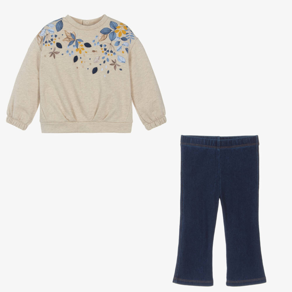 Mayoral-Girls Beige & Blue Floral Outfit | Childrensalon Outlet