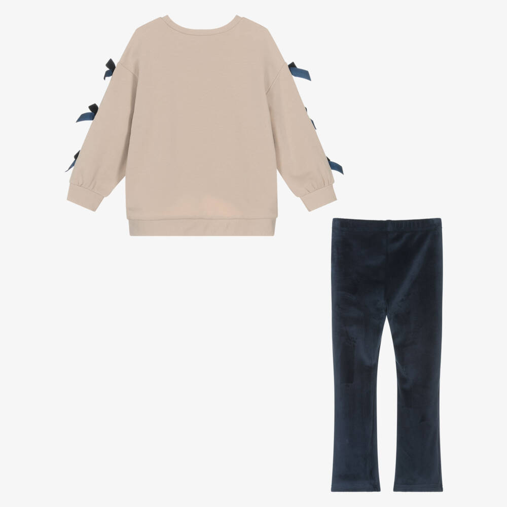 Mayoral-Girls Beige & Blue Leggings Set with Velvet Bows | Childrensalon Outlet