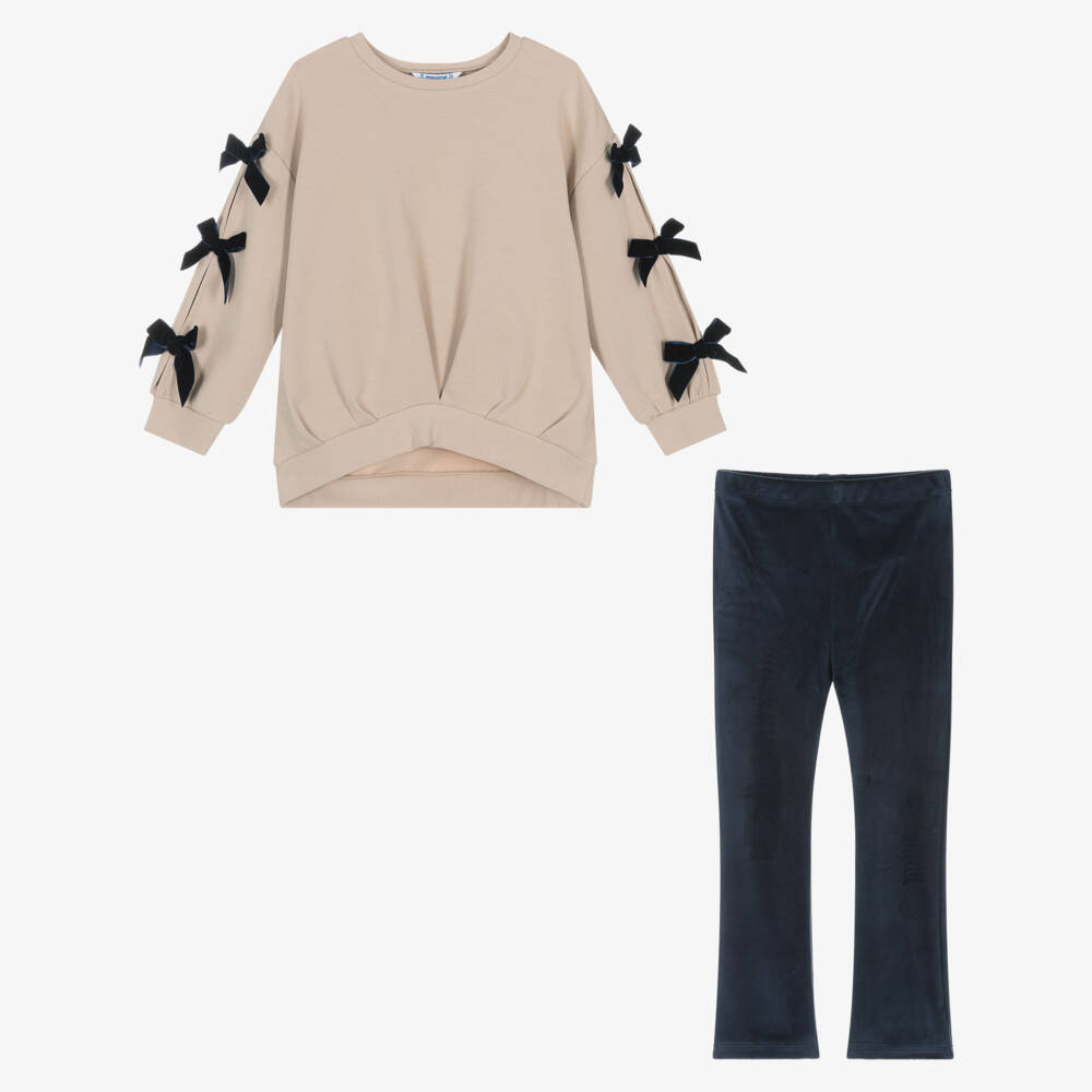 Mayoral-Girls Beige & Blue Leggings Set with Velvet Bows | Childrensalon Outlet
