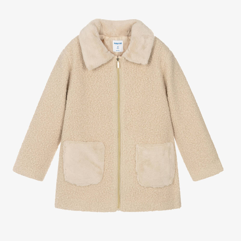 Mayoral - Manteau beige bouclé fille | Childrensalon