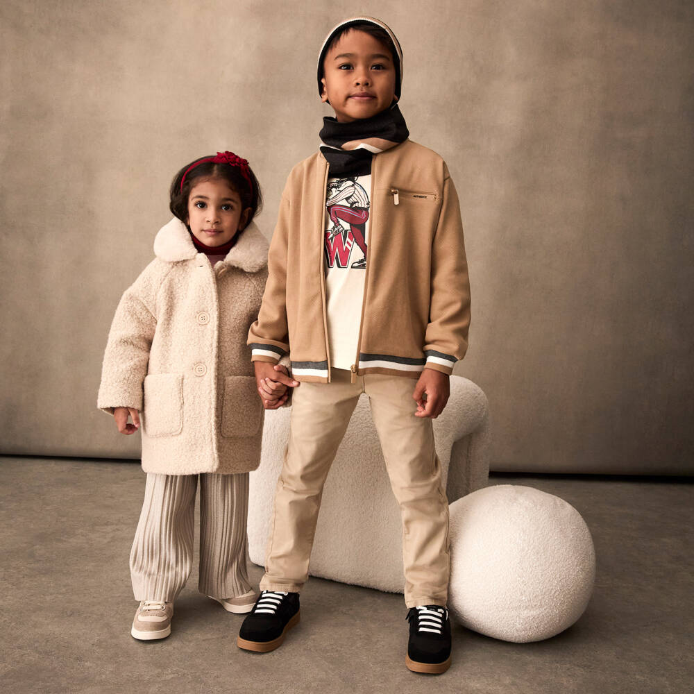 Mayoral-Girls Beige Bouclé Coat with Fur Collar | Childrensalon Outlet