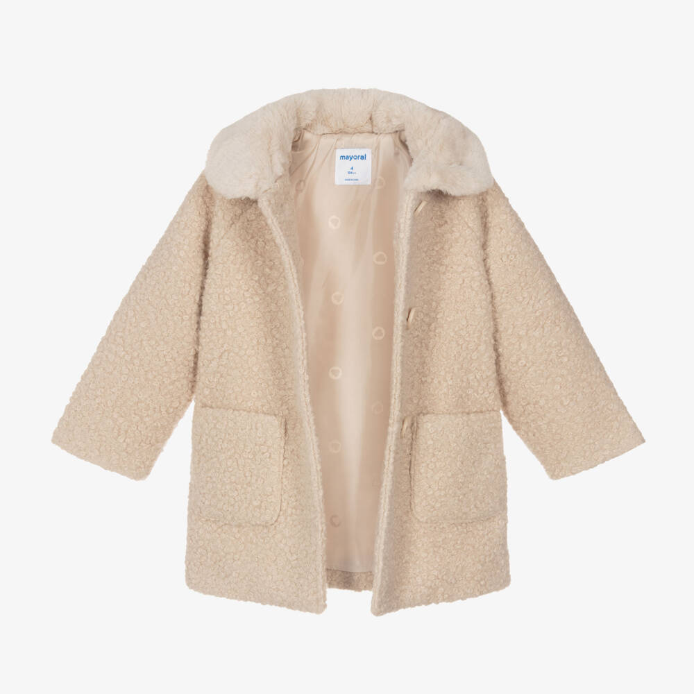 Mayoral-Girls Beige Bouclé Coat with Fur Collar | Childrensalon Outlet