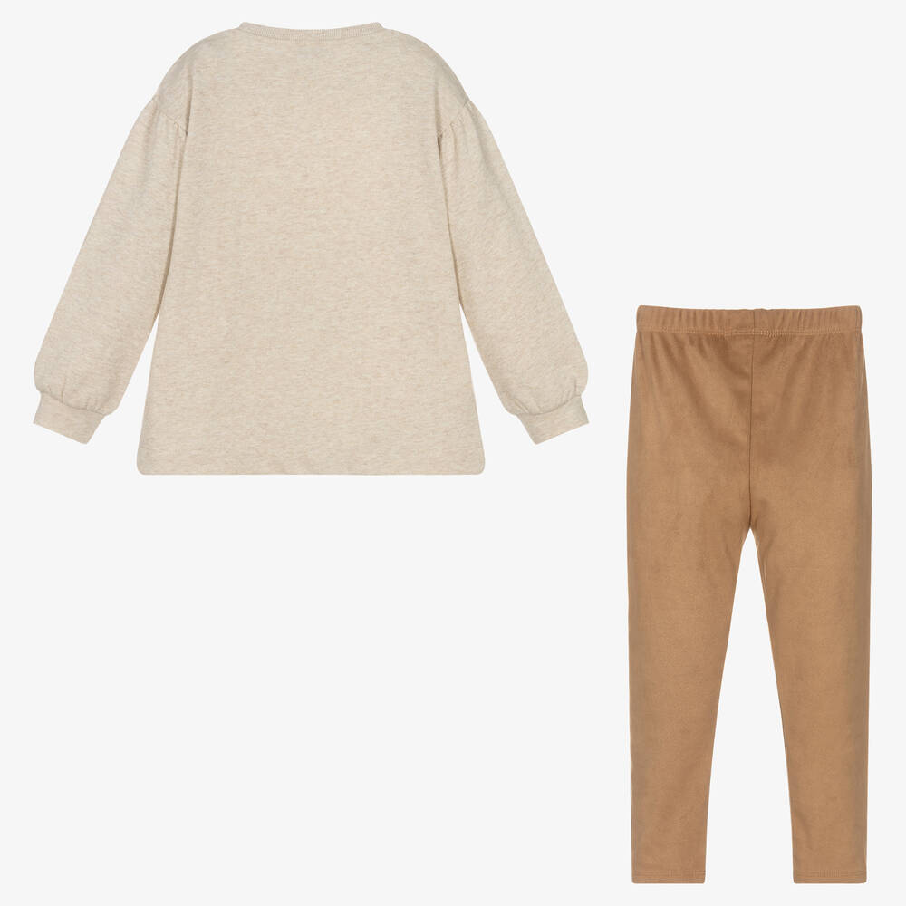 Mayoral-Girls Beige & Brown Cotton Leggings Set | Childrensalon Outlet