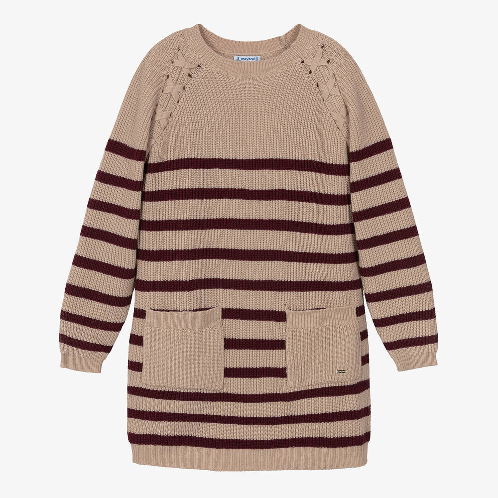 Mayoral - Girls Beige & Burgundy Red Striped Dress | Childrensalon