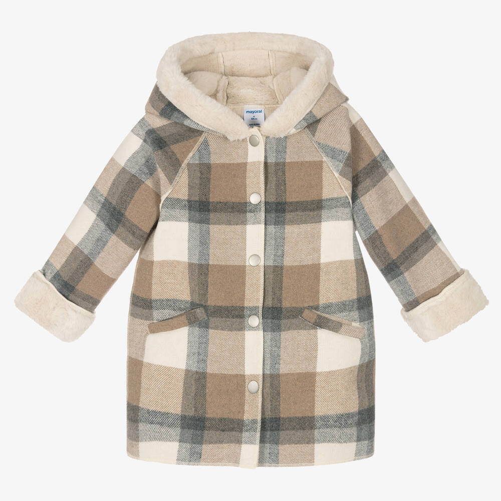 Mayoral - Girls Beige Check Coat | Childrensalon