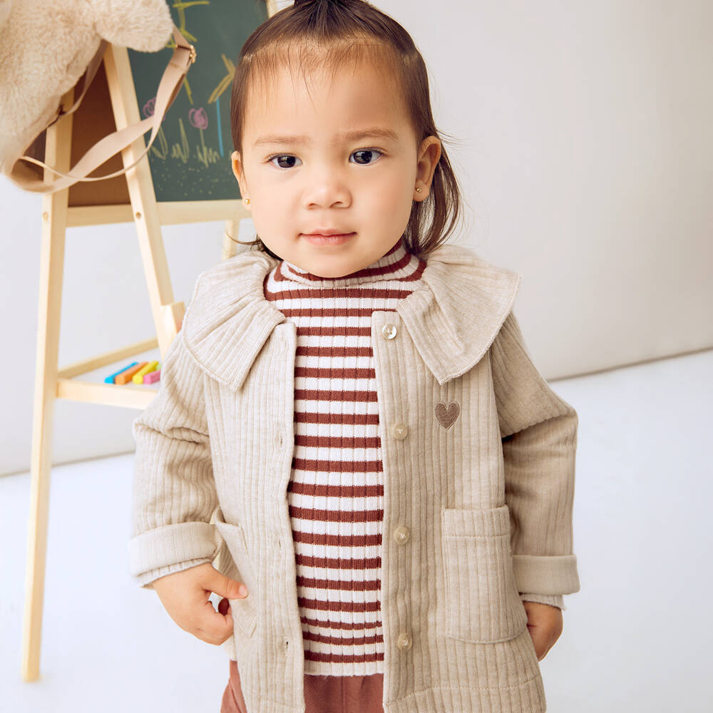 Mayoral-Girls Beige Collared Jersey Cardigan | Childrensalon Outlet