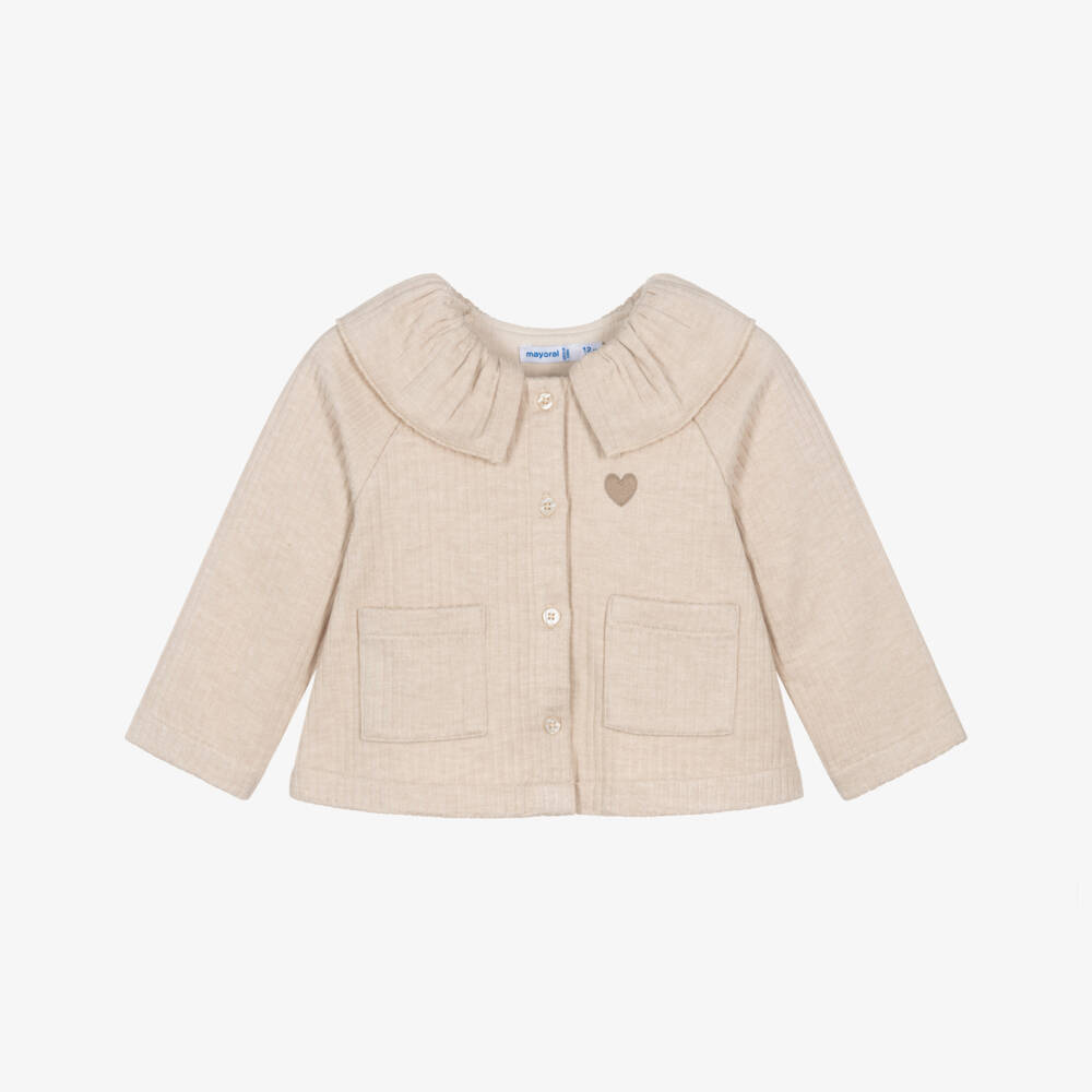 Mayoral-Girls Beige Collared Jersey Cardigan | Childrensalon Outlet