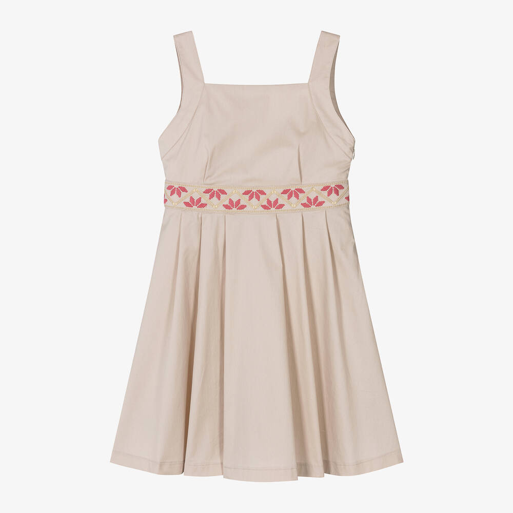 Mayoral-Girls Beige Cotton Embroidered Dress | Childrensalon Outlet