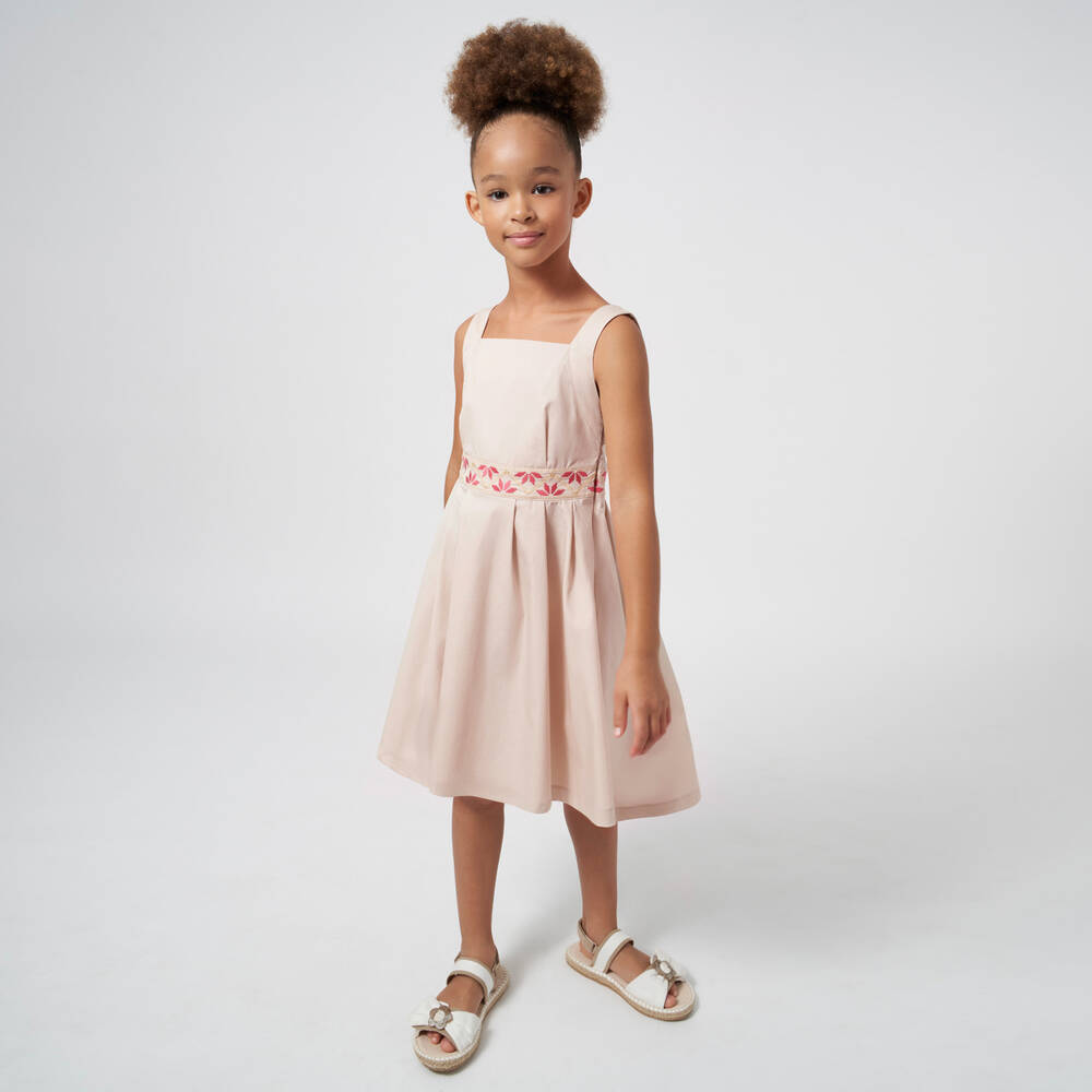 Mayoral-Girls Beige Cotton Embroidered Dress | Childrensalon Outlet