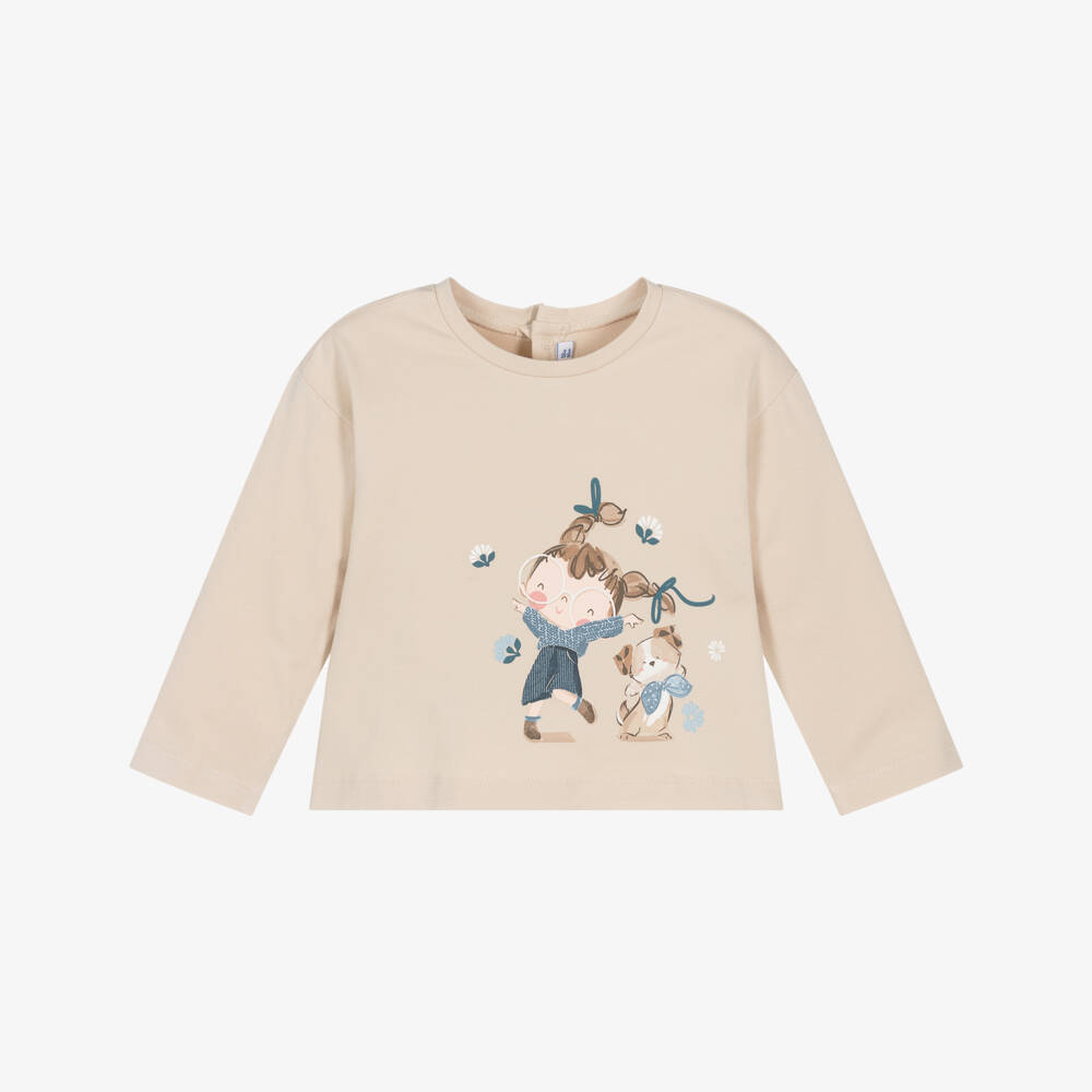 Mayoral-Girls Beige Cotton Graphic Top | Childrensalon Outlet