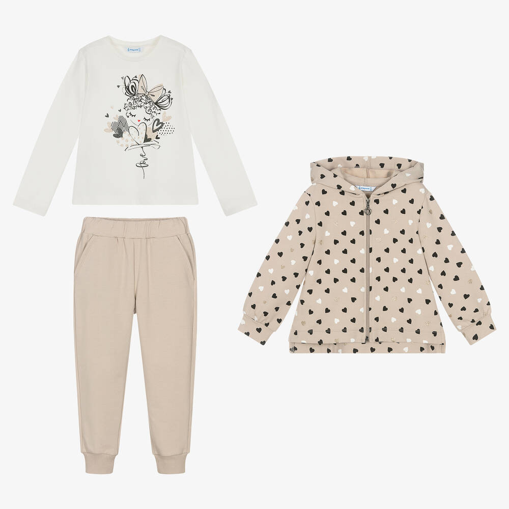 Mayoral-Girls Beige Cotton Heart Tracksuit Set | Childrensalon Outlet