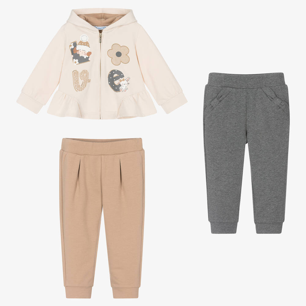 Mayoral - Girls Beige Cotton Hooded Tracksuit Set | Childrensalon