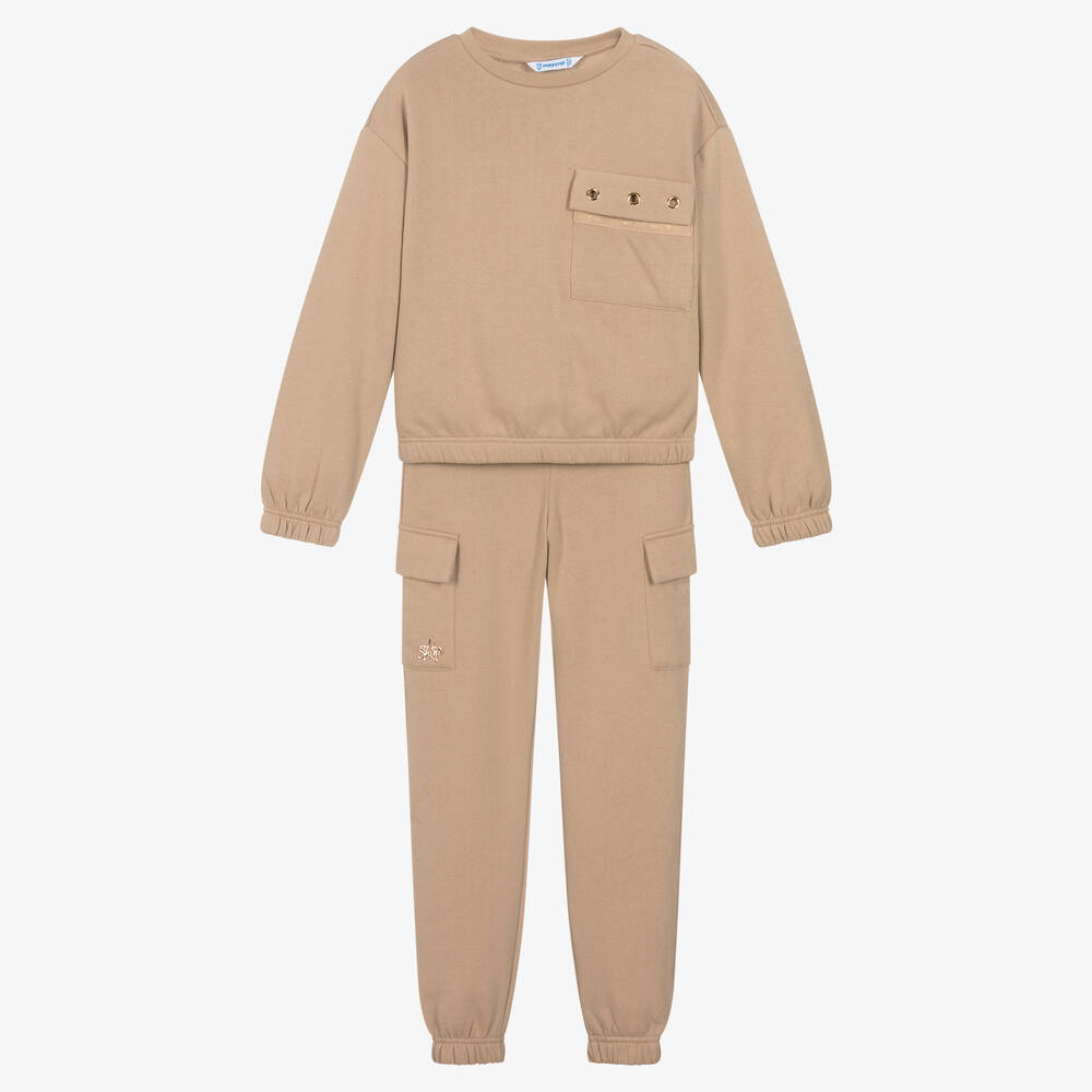 Mayoral - Girls Beige Cotton Jersey Tracksuit | Childrensalon