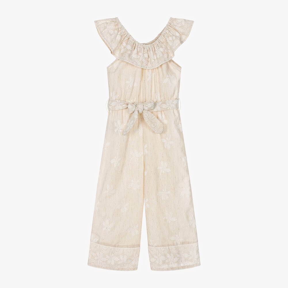 Mayoral-Girls Beige Cotton & Linen Jumpsuit | Childrensalon Outlet